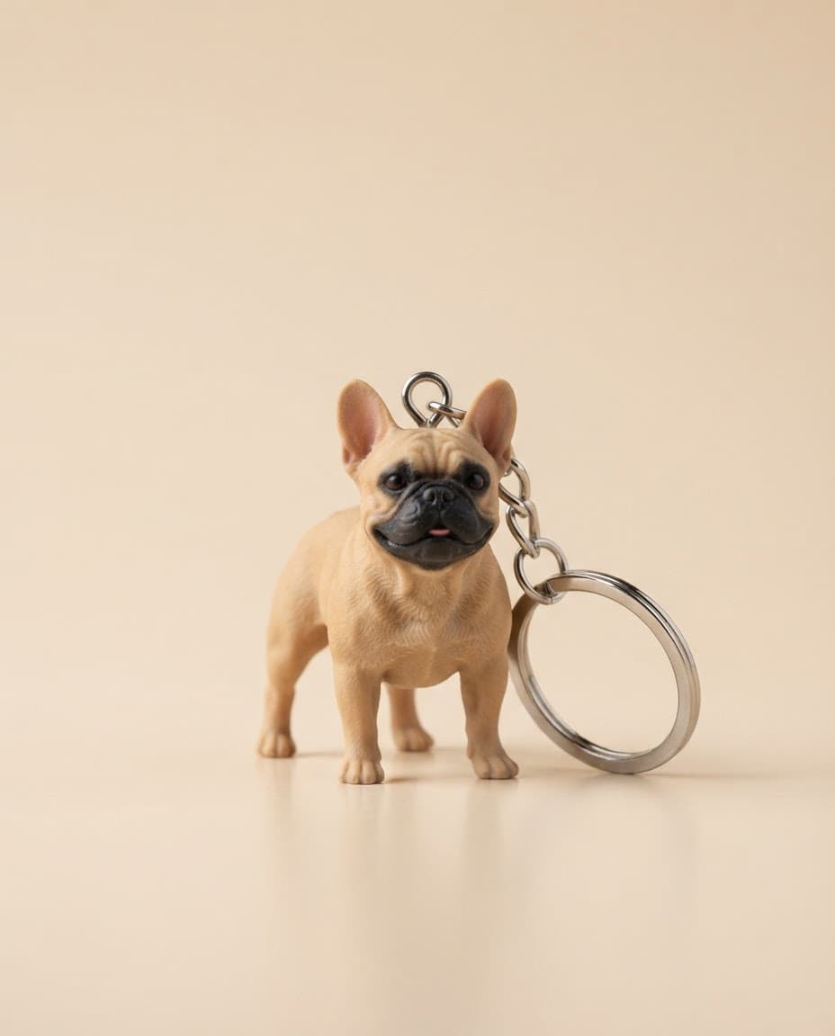 Een 3D-geprinte sleutelhanger van een Franse bulldog op een crèmekleurige achtergrond