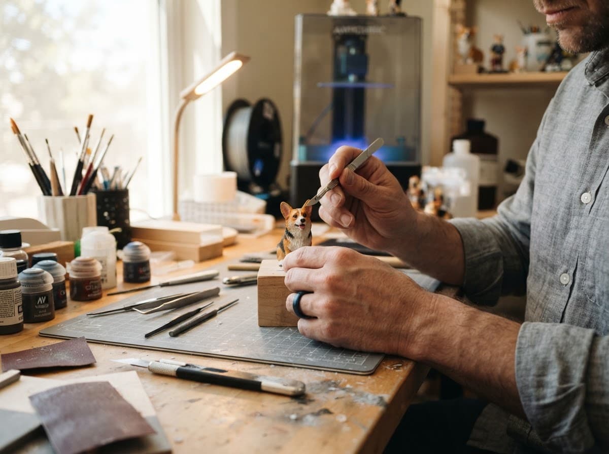 Een maker in het Palleys-atelier in Gent schildert een 3D-geprinte corgi, met een resinprinter op de achtergrond
